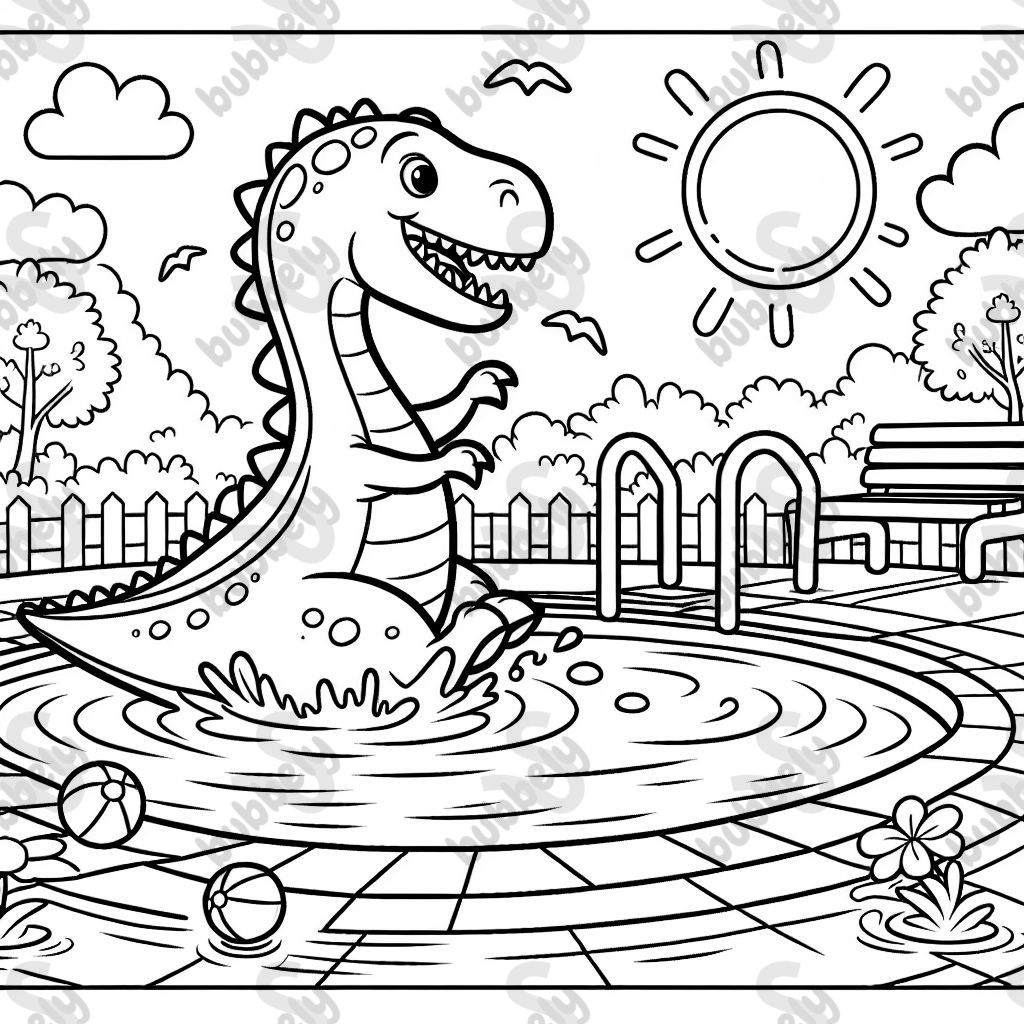 Ein Dinosaurier der im Freibad schwimmt.