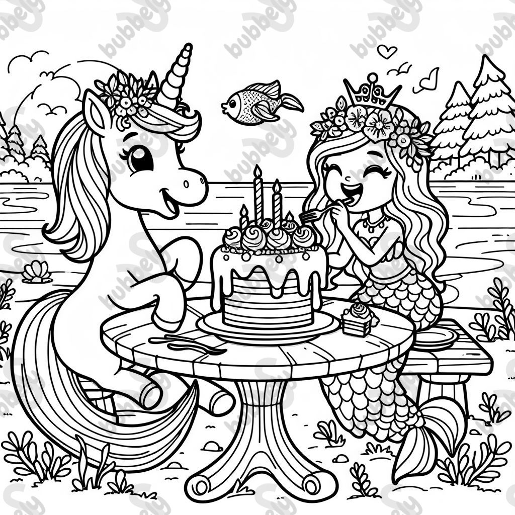 Ein Horn das mit einem Meerjungfrau zusammen Torte isst.