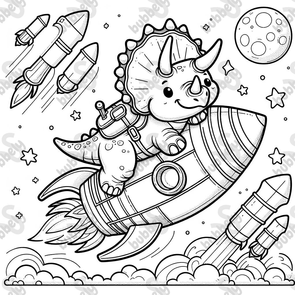 a triceratops riding a rocket to space