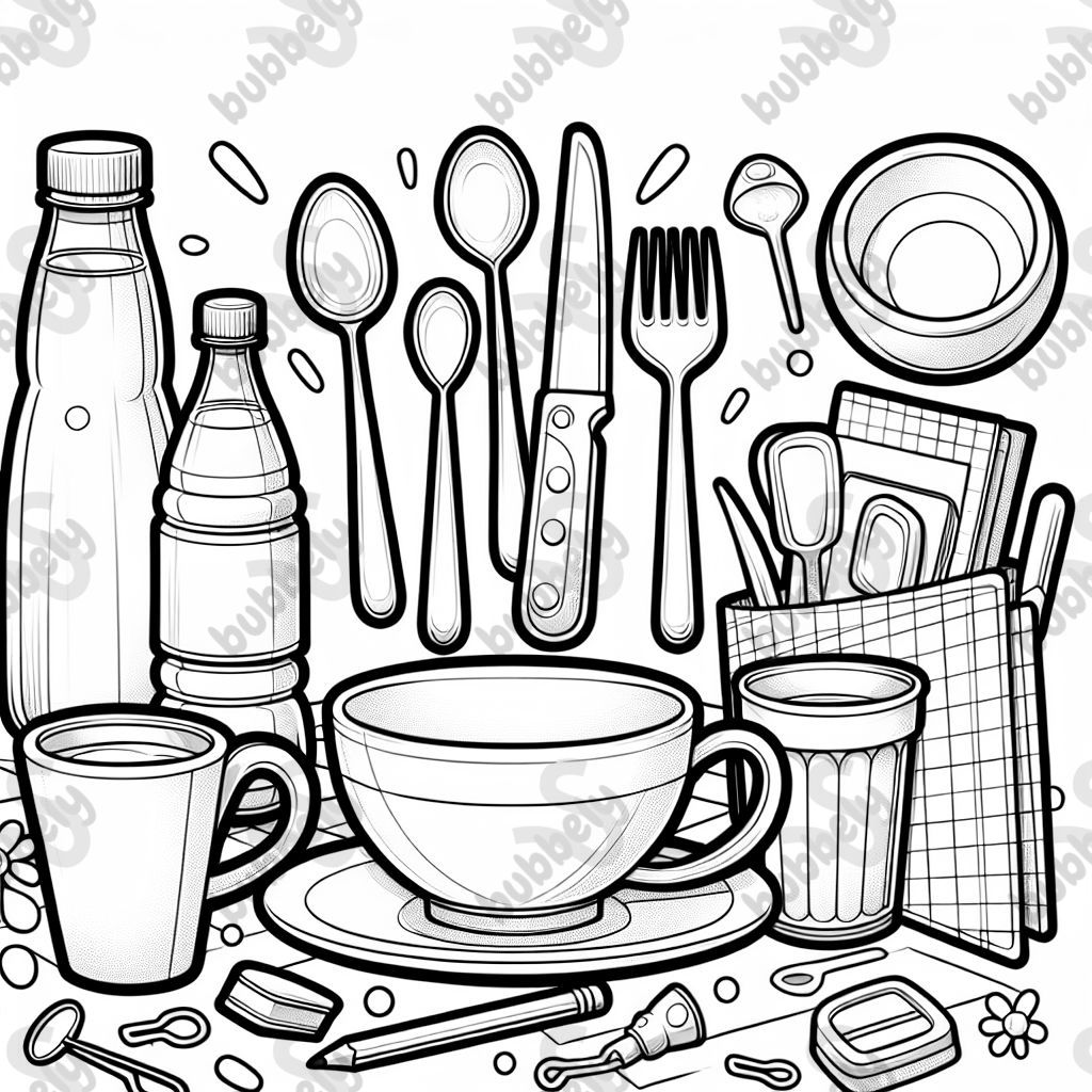 eine Tasse, Besteck, Glas, Teller 