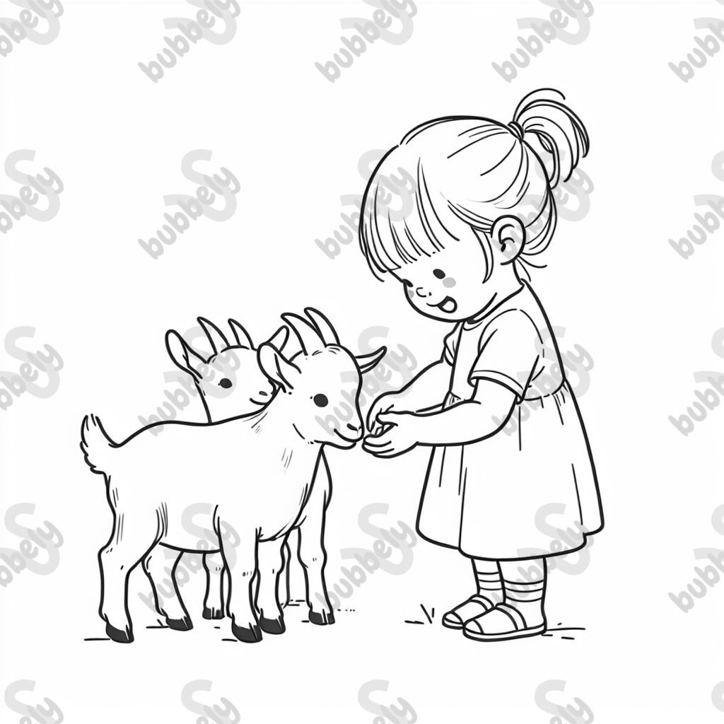 3 year old white female toddler playing with a goat