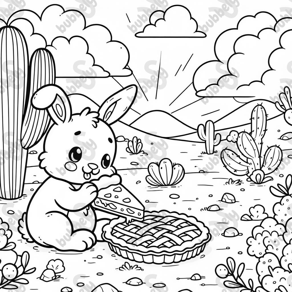 a bunny in the desert eating apple pie