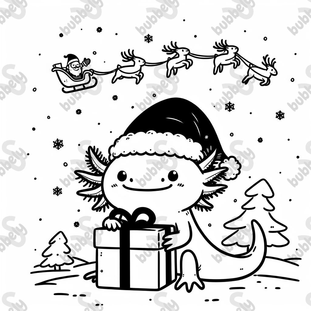 an axolotl wearing a santa hat and holding a present, while it's snowing, and santa's sleigh is in the sky