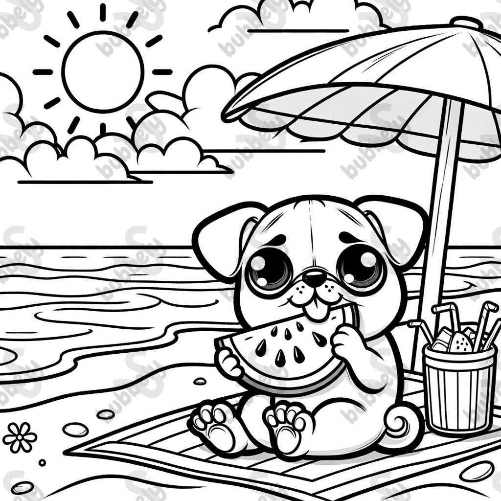 a pug with cute puppy dog eyes, at the beach, under an umbrella, eating watermelon
