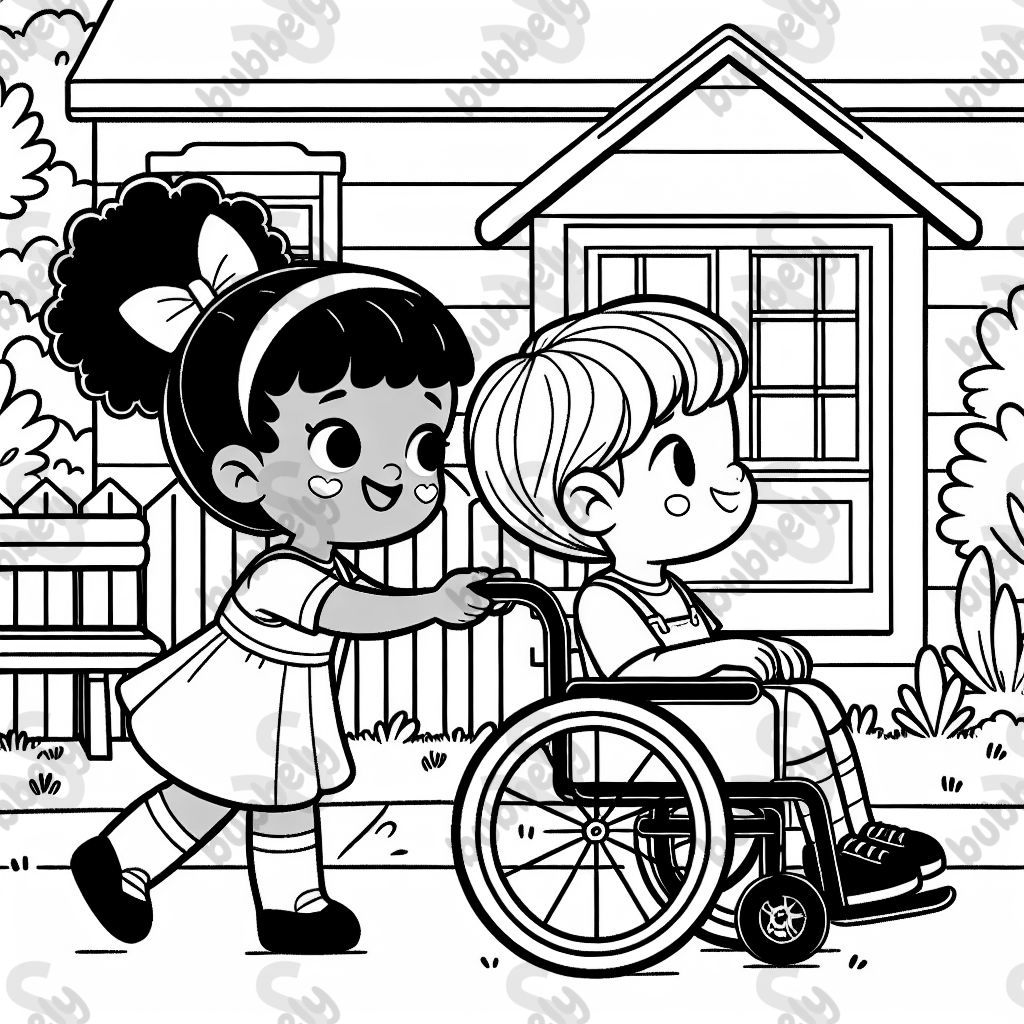 Black younger sister pushing her black older brother in wheelchair