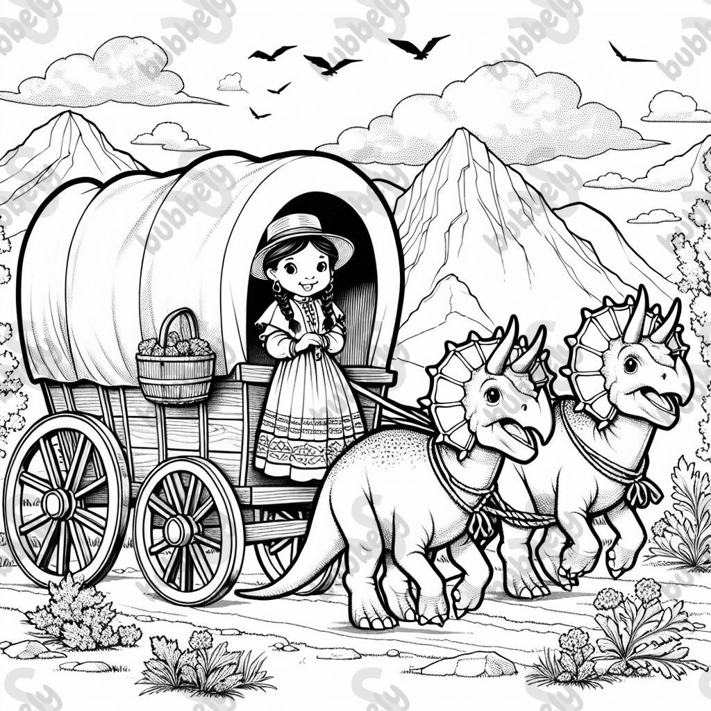 A pioneer girl with a covered wagon pulled by triceratops dinosaurs 