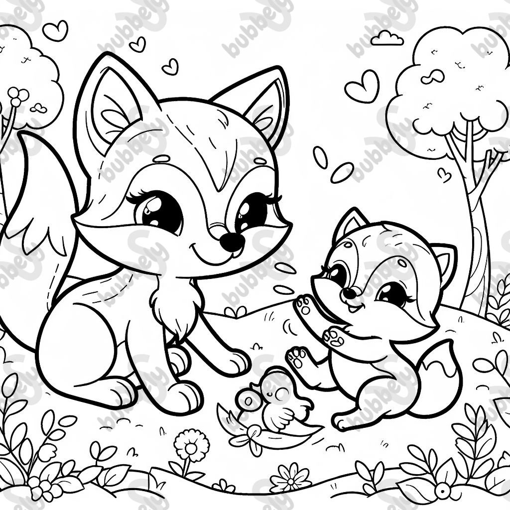 a baby fox and a mommy fox playing together.