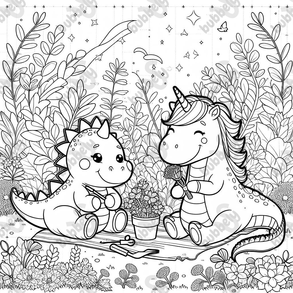 Ein Einhorn und ein Dino bei der Gartenarbeit