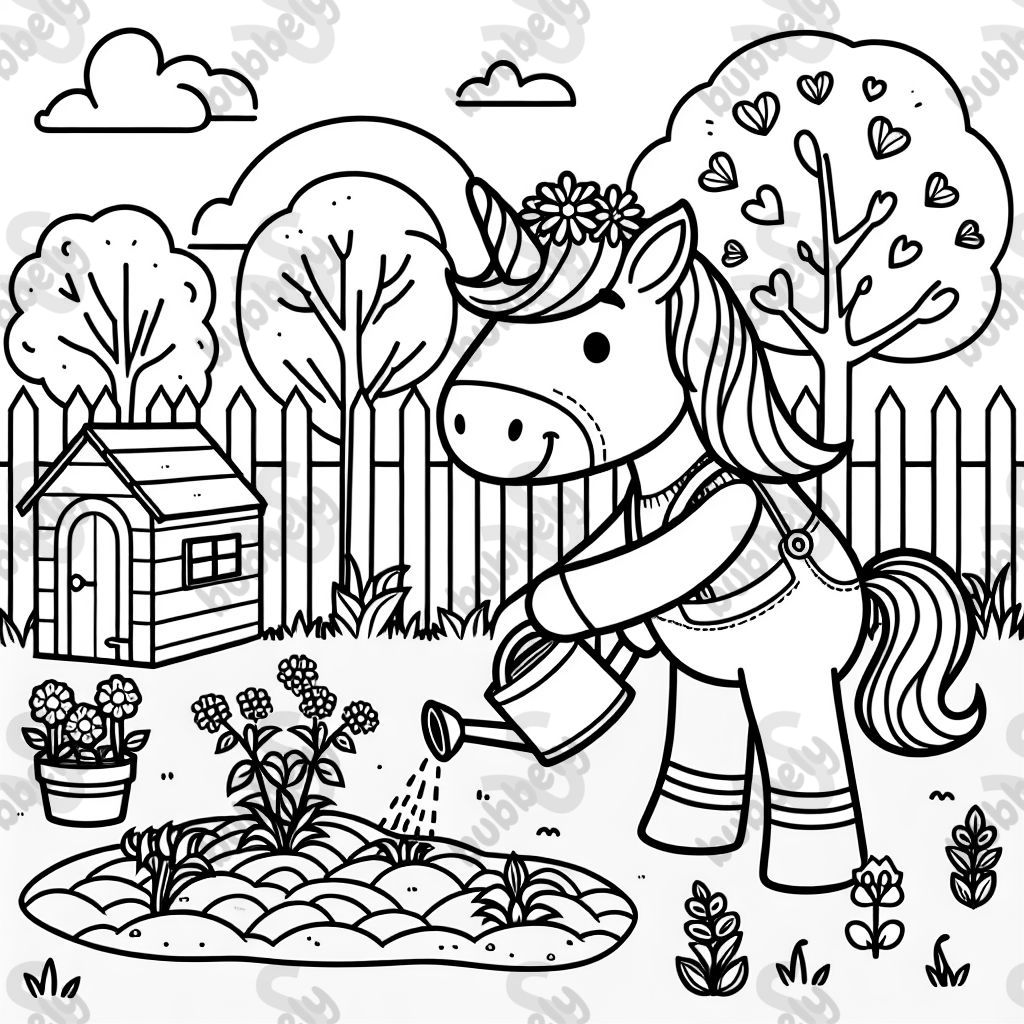 Ein Einhorn, das Gartenarbeit macht