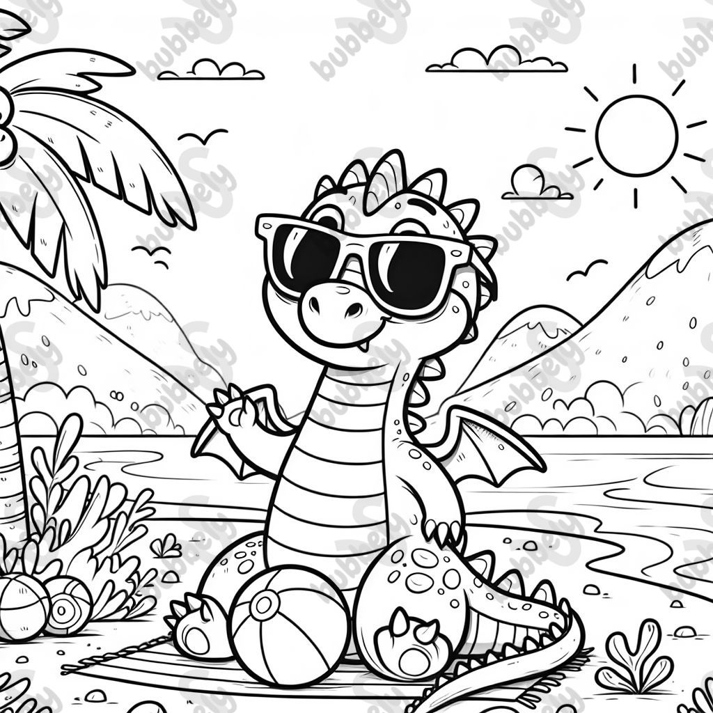 Ein Drache mit Sonnenbrille am Strand