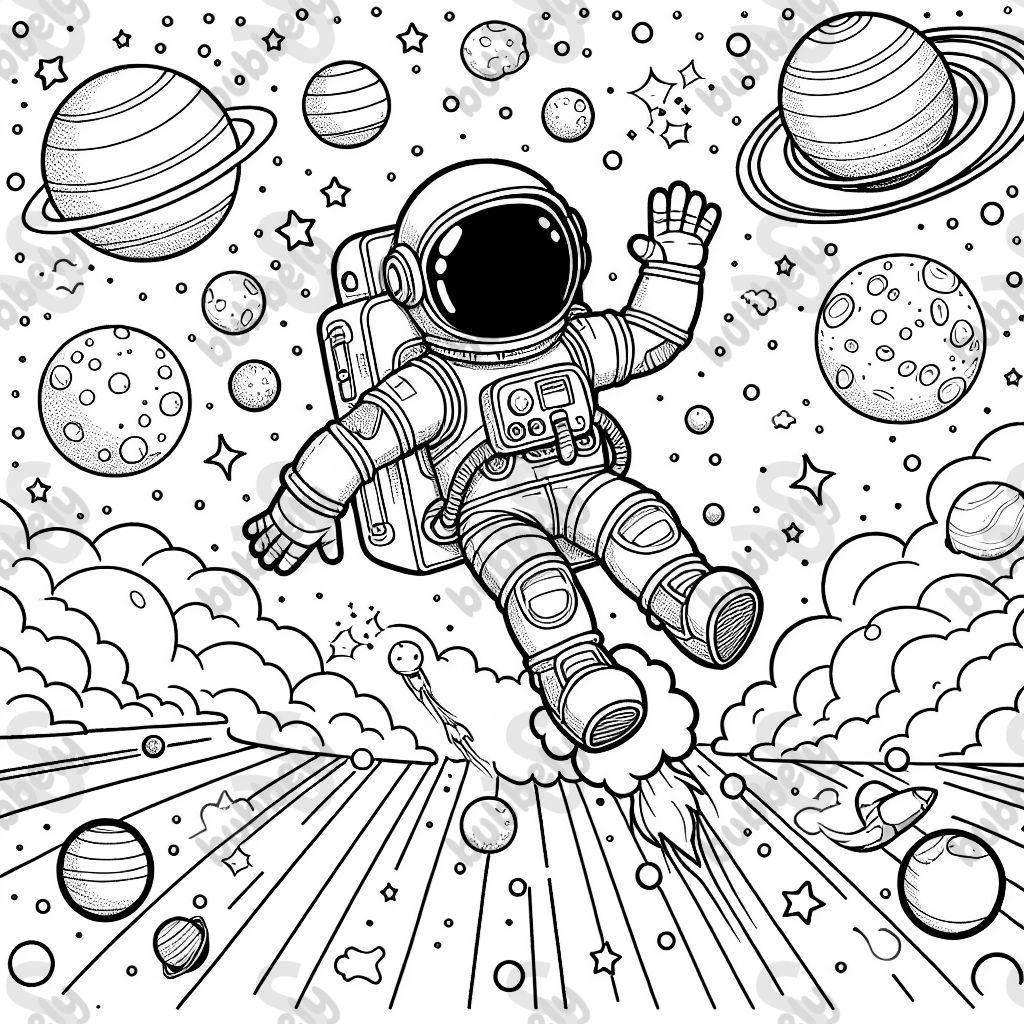 an astronaut floating through planets