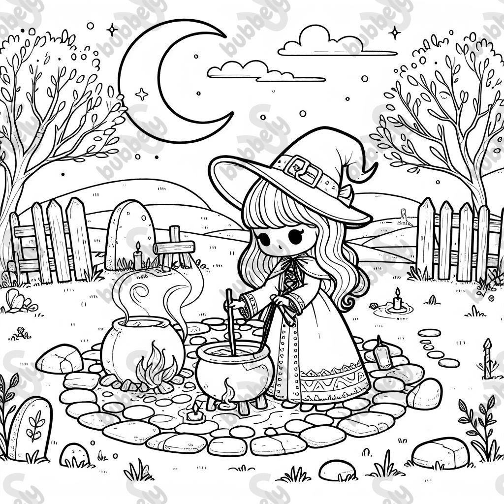 Hexe mit Kessel in einem Steinkreis
