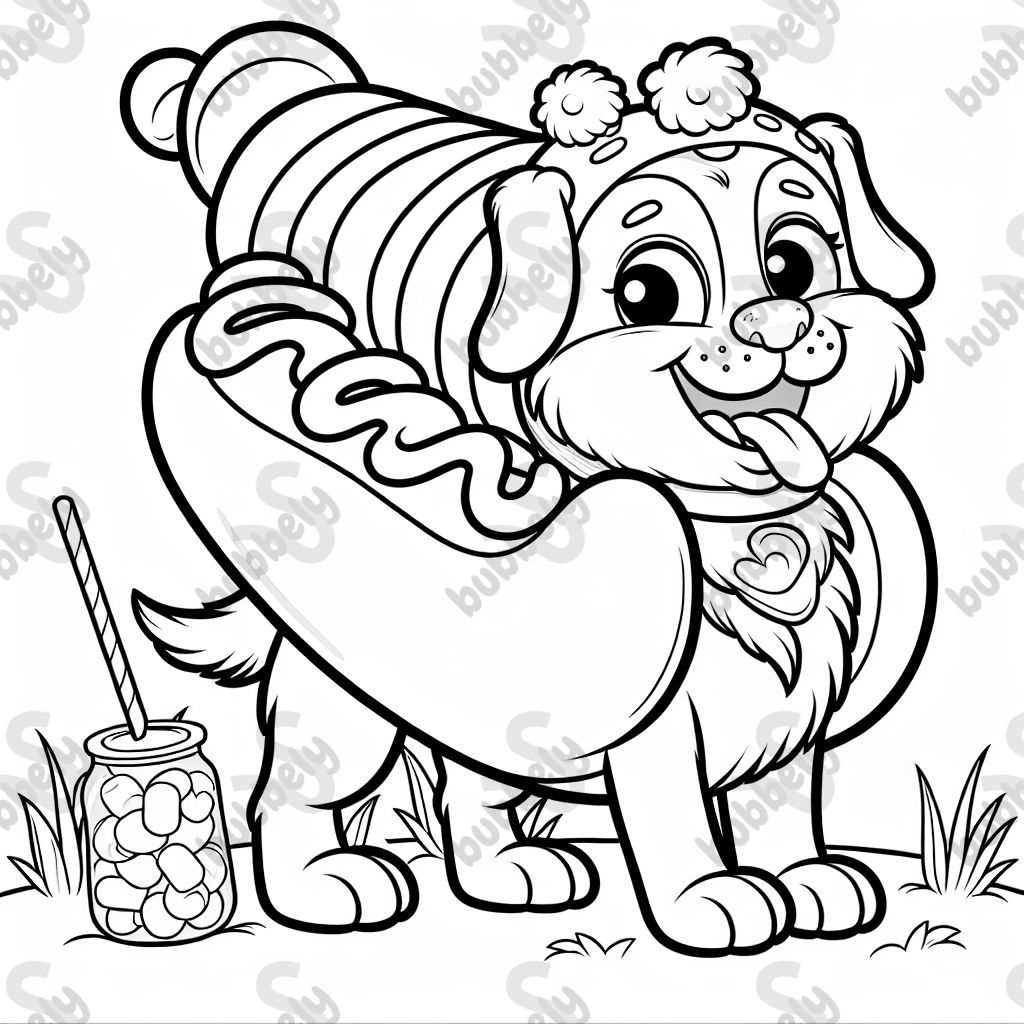 Um cachorro em um traje de cachorro-quente. Um cachorro em um traje de cachorro-quente.