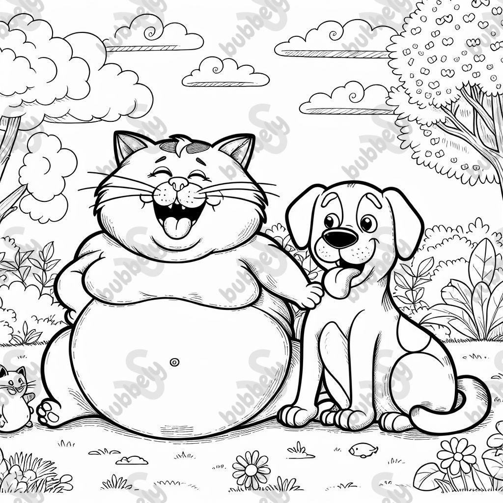 A fat cat and dog in a colorful coloring page.