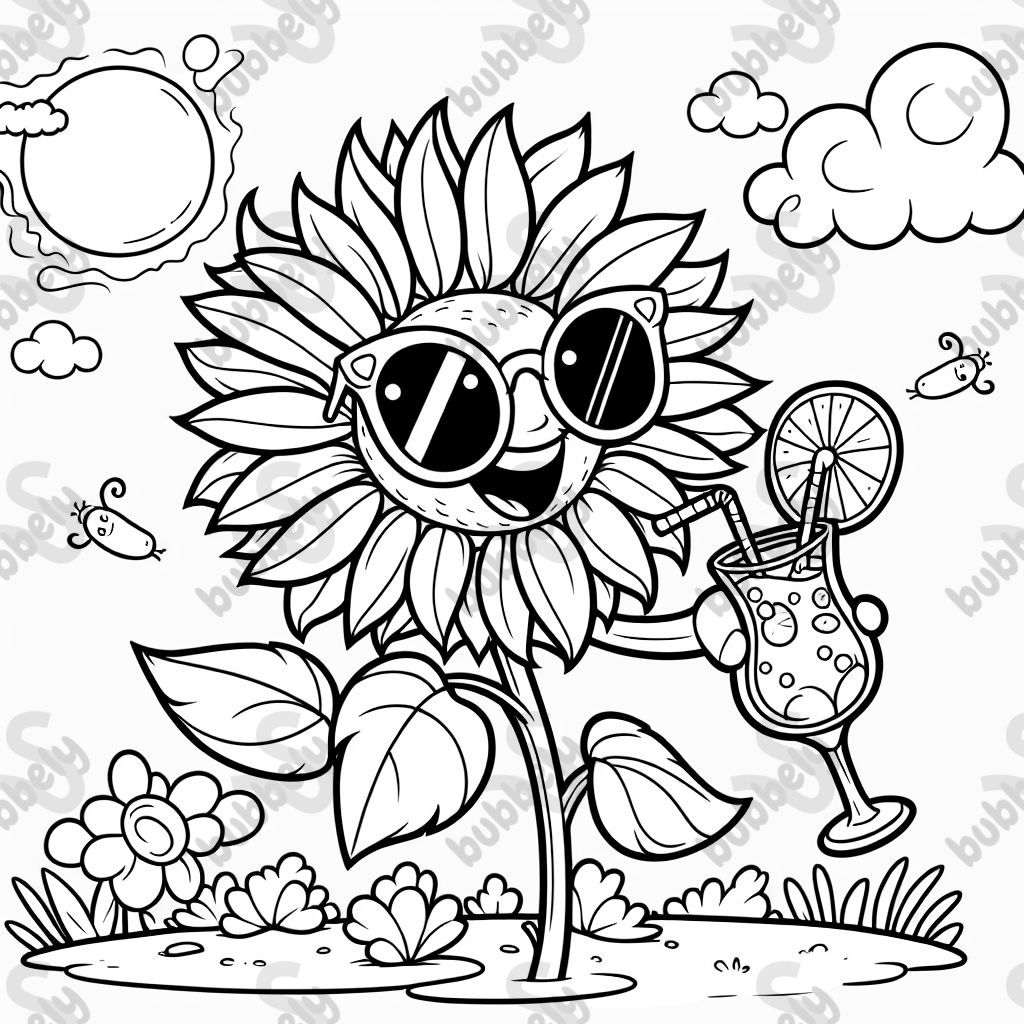 Sonnenblume mit Sonnenbrille trinkt Cocktail