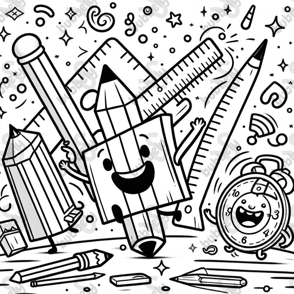 Bleistift, Lineal, Radiergummi und Zirkel feiern eine Party