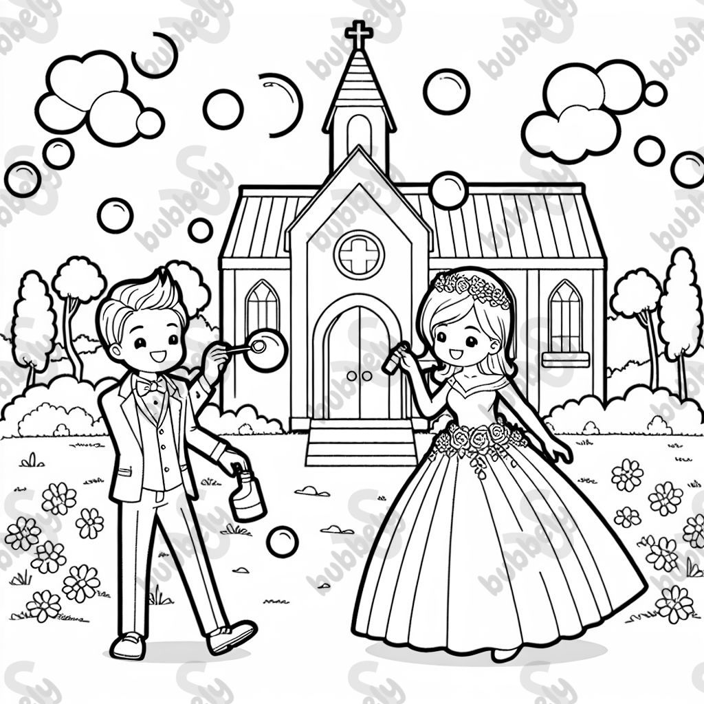 Ein Hochzeitspaar mit Seifenblasen vor einer Kirche 