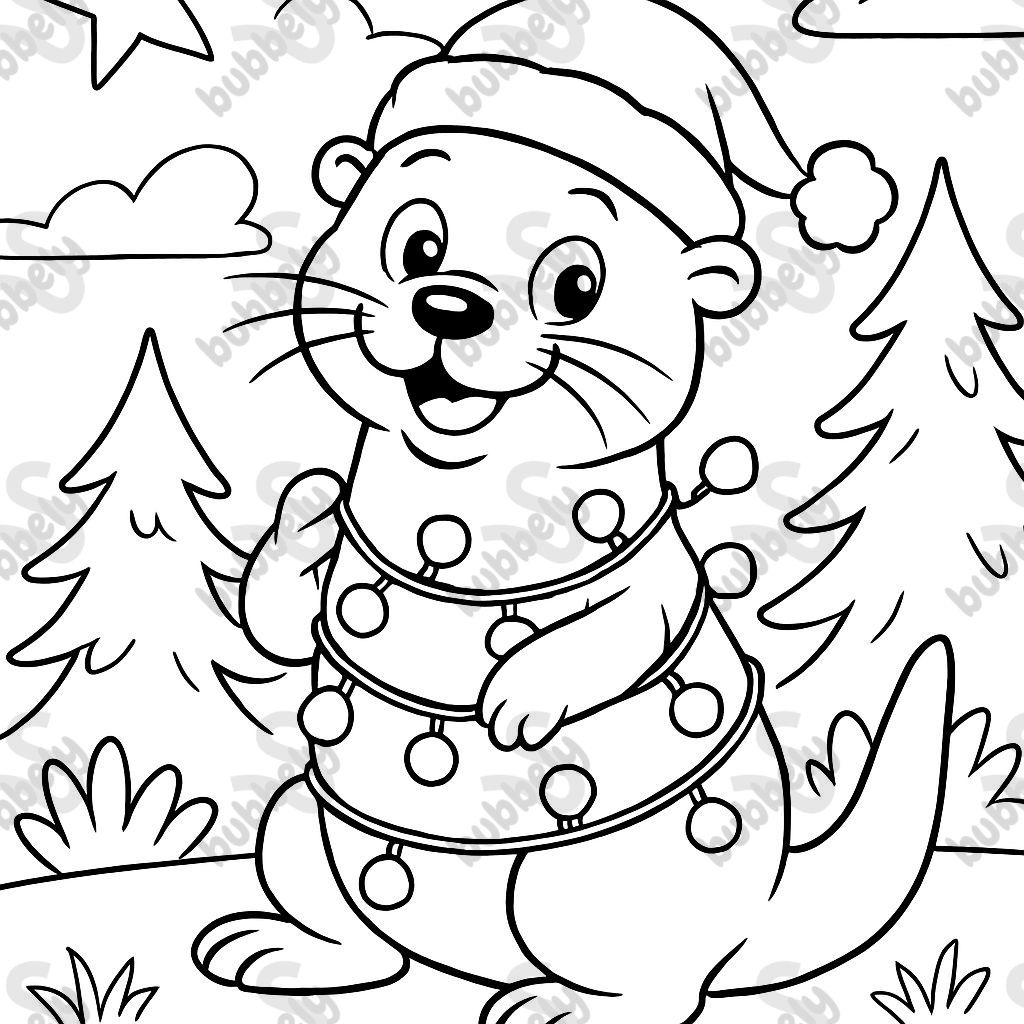 An otter with a Christmas hat and a string of lights around its body