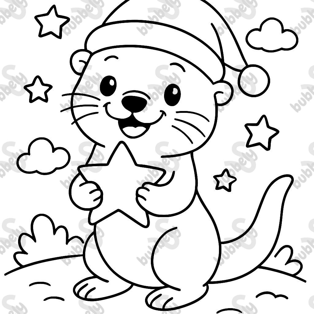 An otter with a Christmas hat and a star in both hands