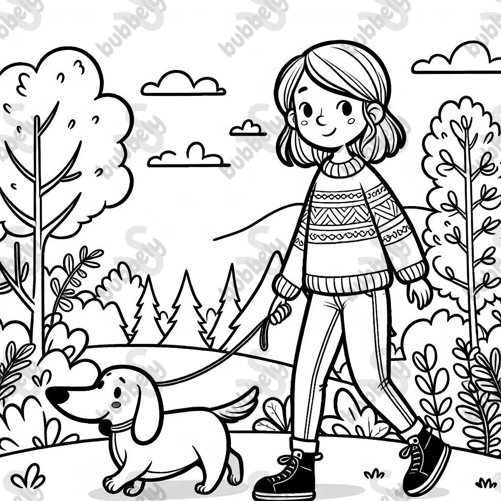 A woman with light brown hair wearing a sweater and jeans, walking her wiener dog through the woods. A woman with light brown hair wearing a sweater and jeans, walking her wiener dog through the woods.