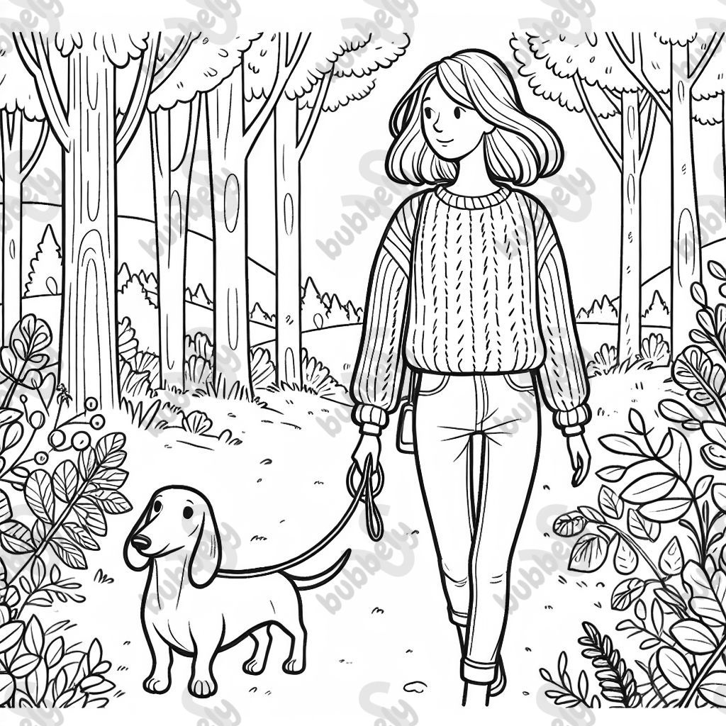 A woman with medium length hair wearing a sweater and jeans, walking her wiener dog through the woods. A woman with medium length hair wearing a sweater and jeans, walking her wiener dog through the woods.