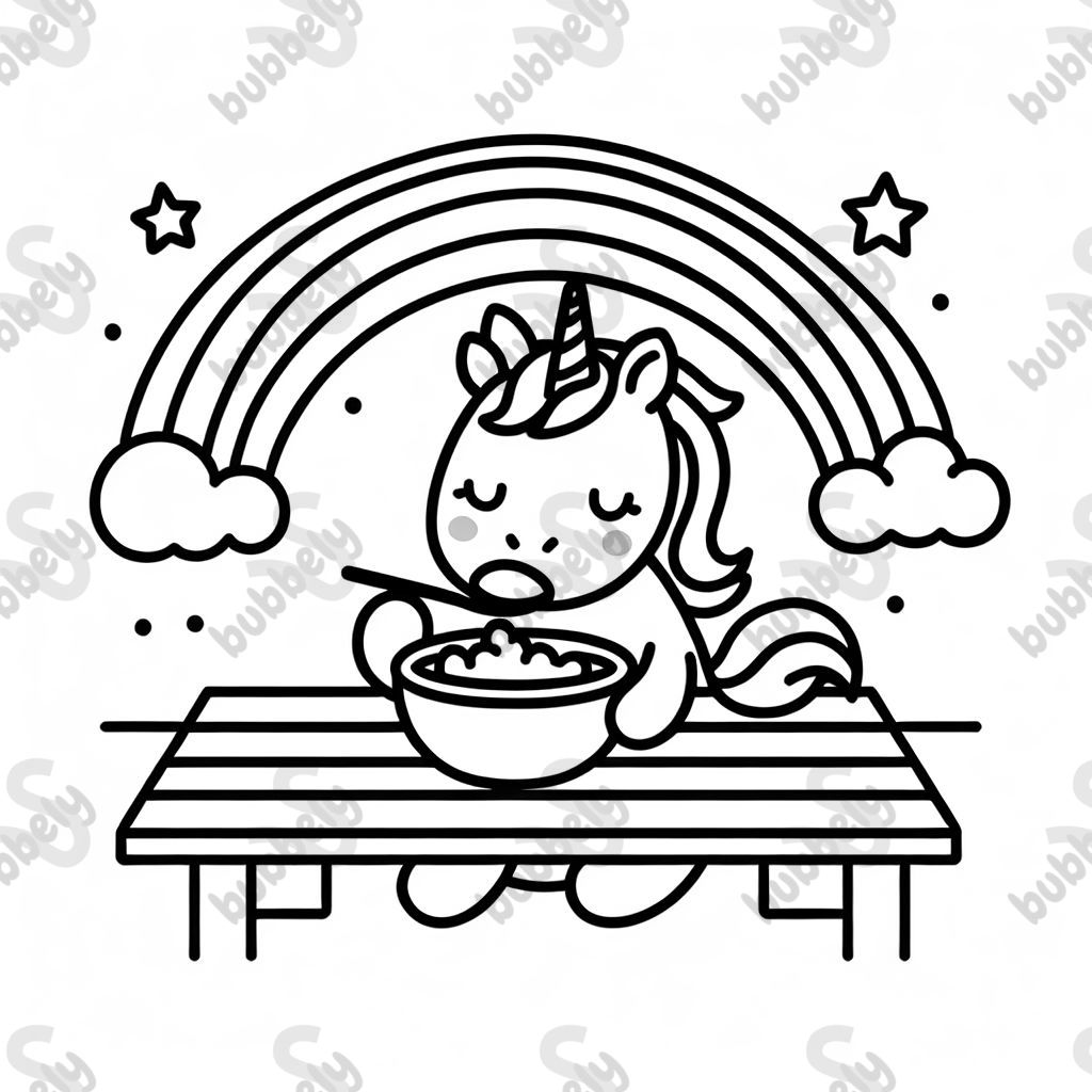 Unicorn under rainbow looking for food