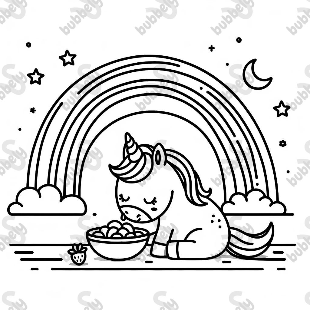 Unicorn under rainbow looking for food