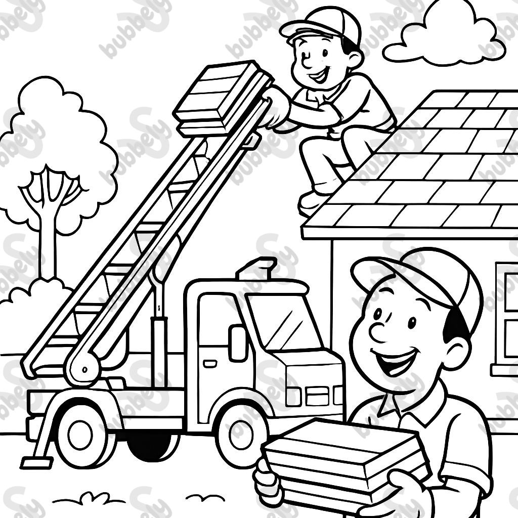 Deux personnes livrant des bardeaux avec un camion convoyeur de toiture. Deux personnes livrant des bardeaux avec un camion convoyeur de toiture.