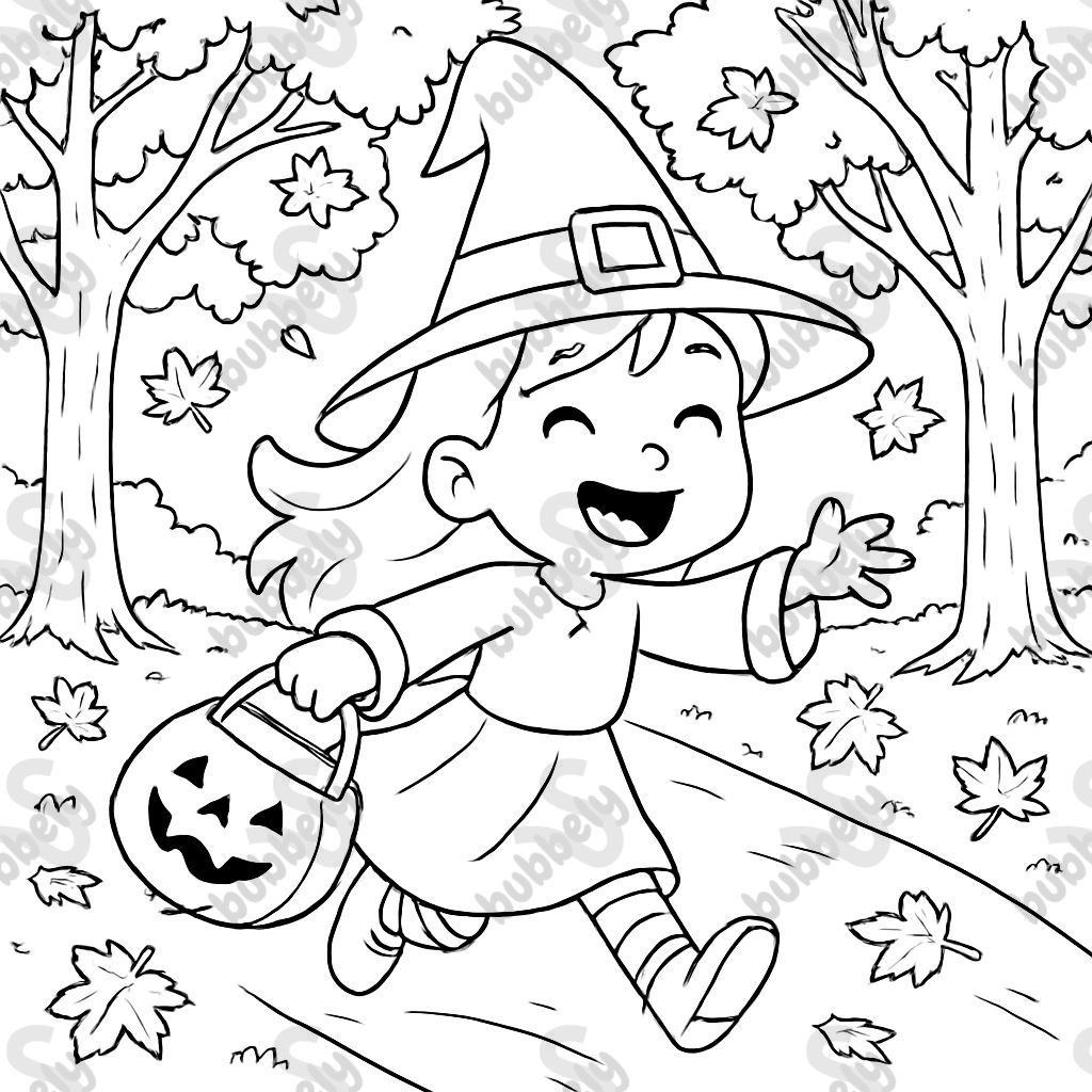 A little girl dressed as a witch trick-or-treating down a maple tree lined road.