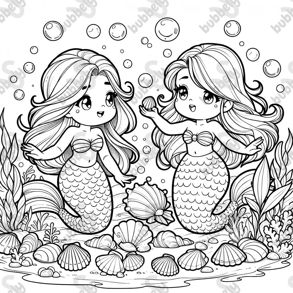 Two mermaid girls are playing together underwater and there are many seashells.