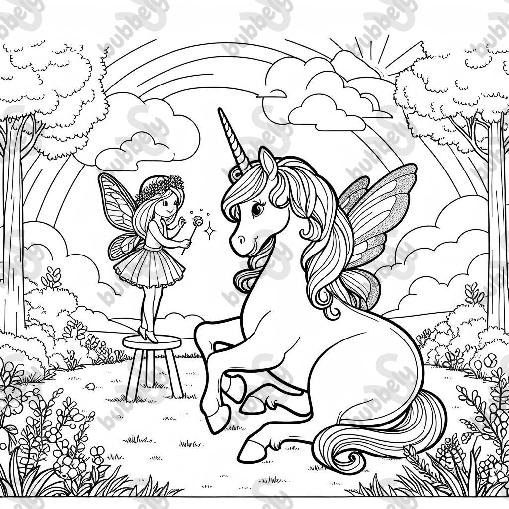 A unicorn with a fairy sitting on it, they are in a meadow