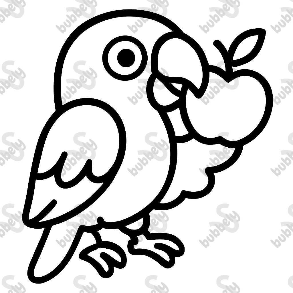 un perroquet avec une pomme dans la bouche