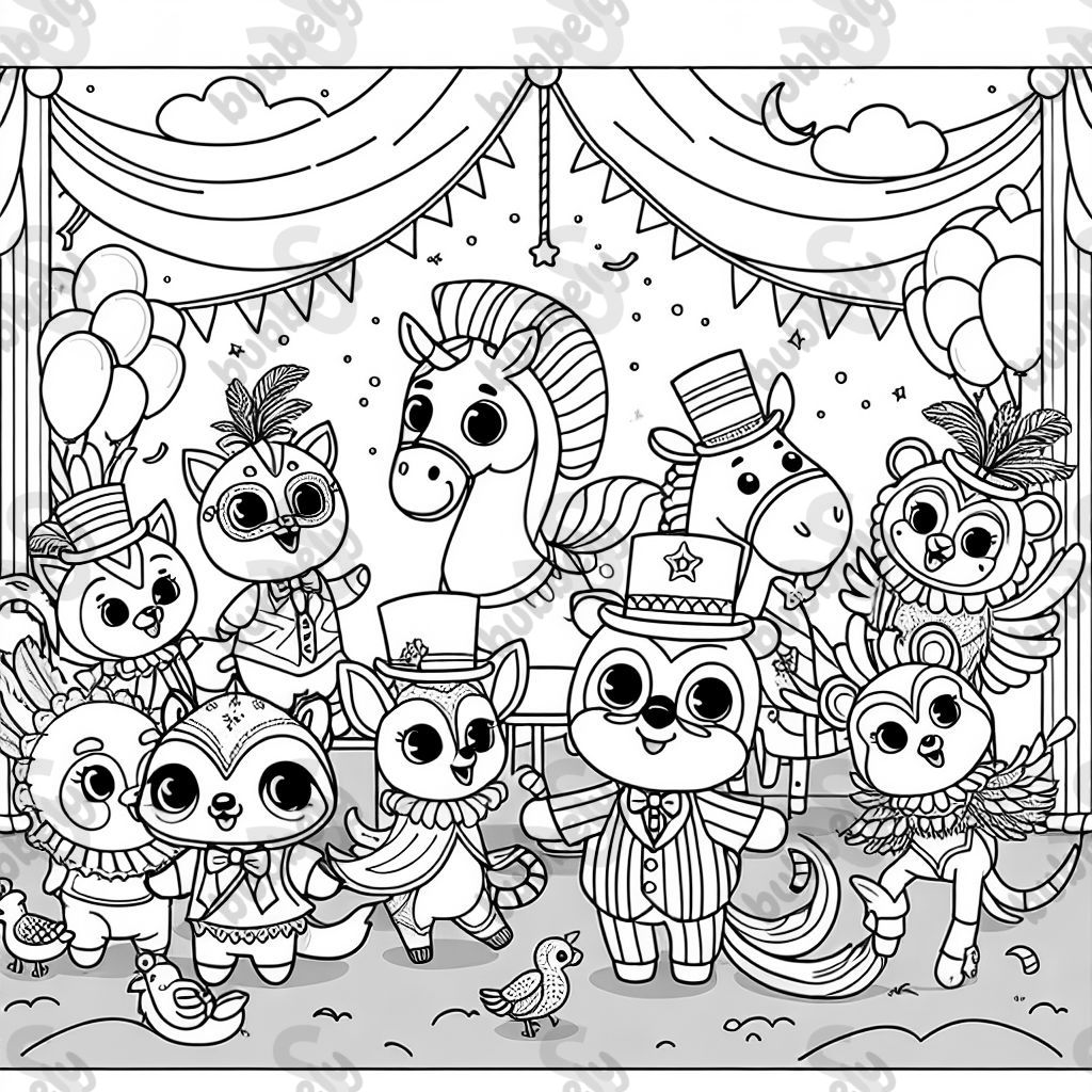 A fun depiction of animals wearing colorful carnival costumes enjoying a party.