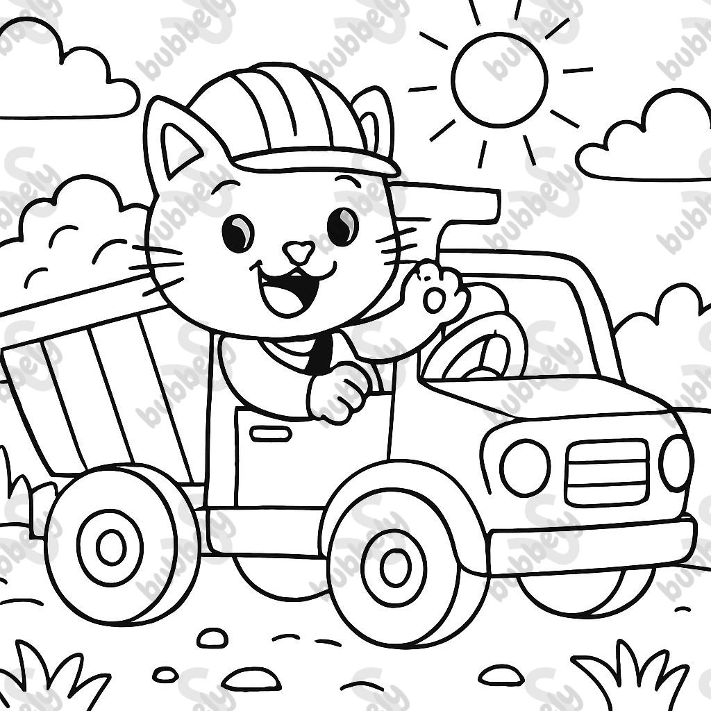 CHAT CONDUISANT UN CAMION BENNE