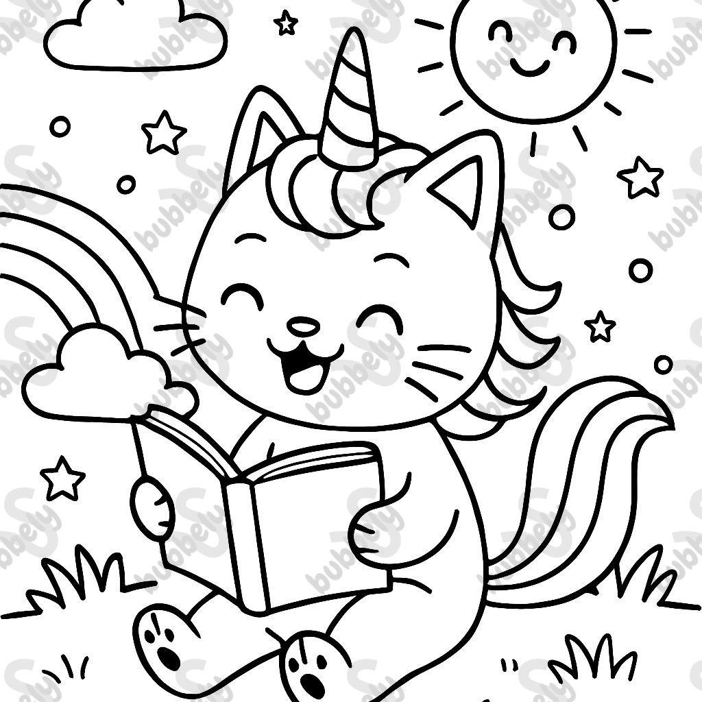 UNICORN CAT READING A BOOK