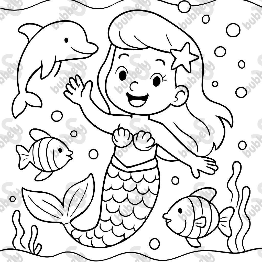 mermaid in ocean with dolphins and fish