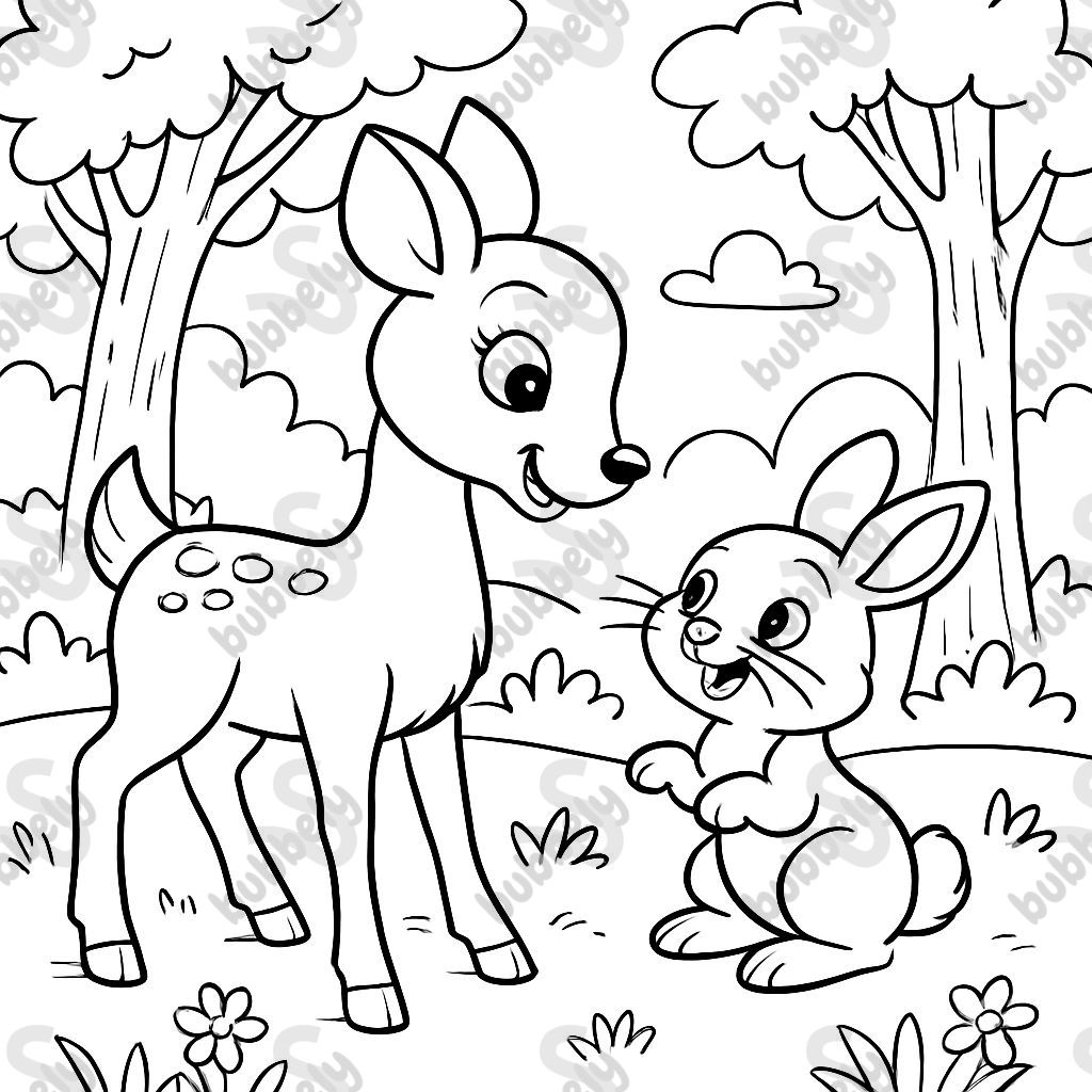 mommy deer and a baby bunny in a forest