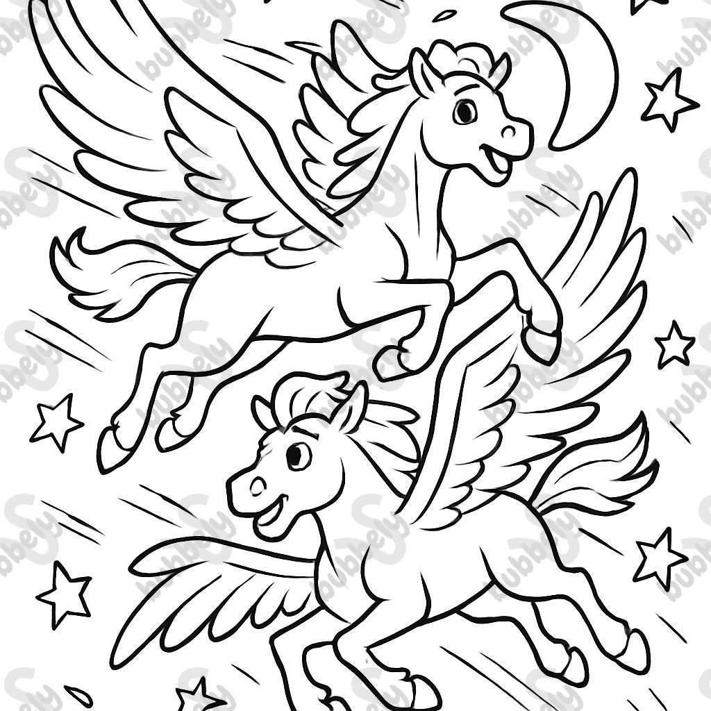 Pegasi flying with stars and moon