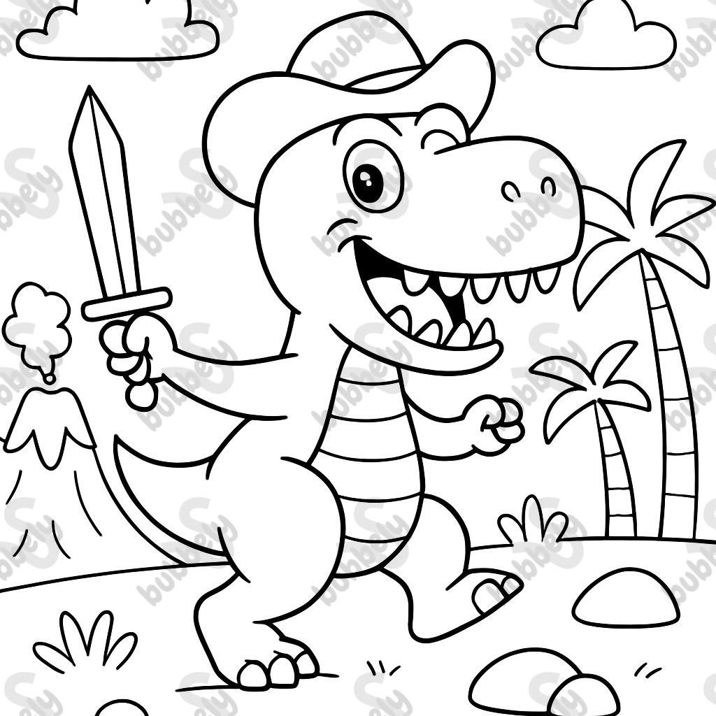 Dinosaur with sharp teeth, a tail, a hat, and a sword