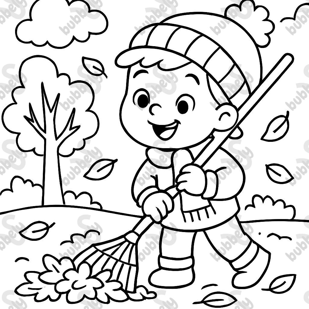 Preschool coloring page, black-and-white line art. A child happily raking a small pile of leaves. Big shapes, simple lines, cute fall theme.