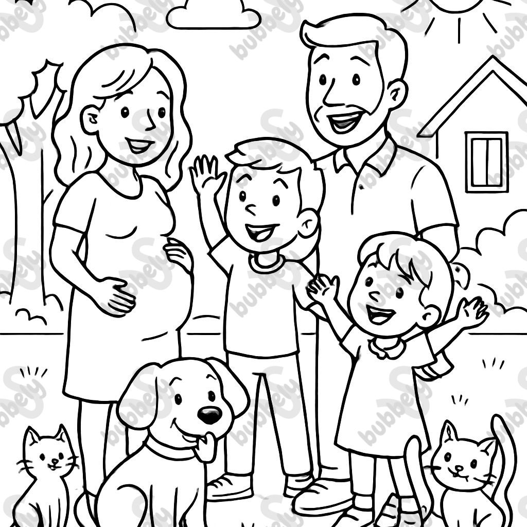 A family with a pregnant mom, a dad, a big boy, a little girl, a dog, and two cats.