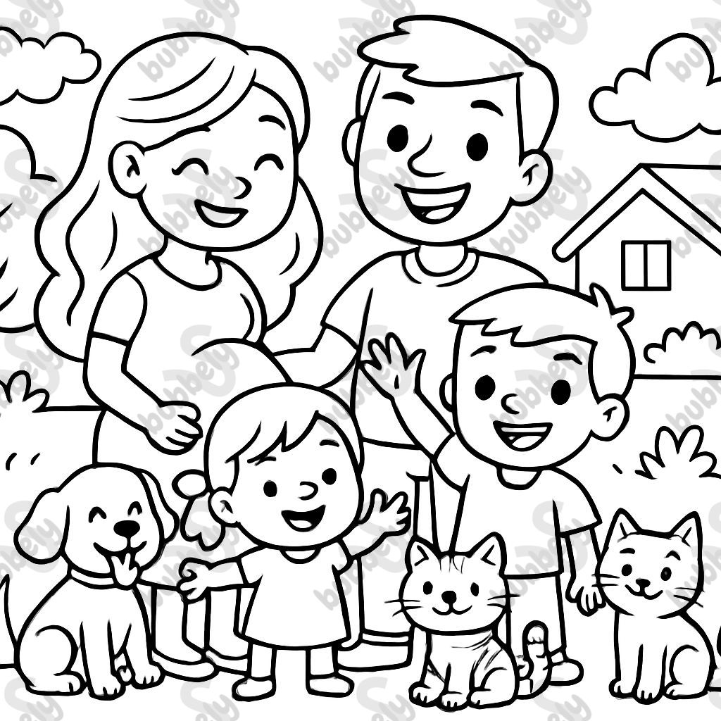 A family with a pregnant mom, a dad, a big boy, a little girl, a dog, and two cats.
