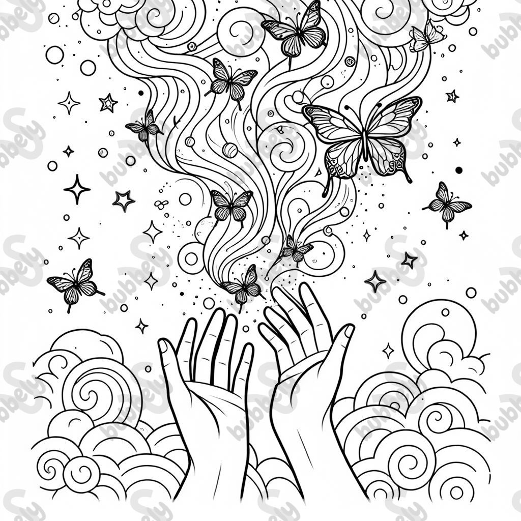 Floating hands releasing butterflies and swirling smoke, with cosmic patterns and dreamy clouds in the background.