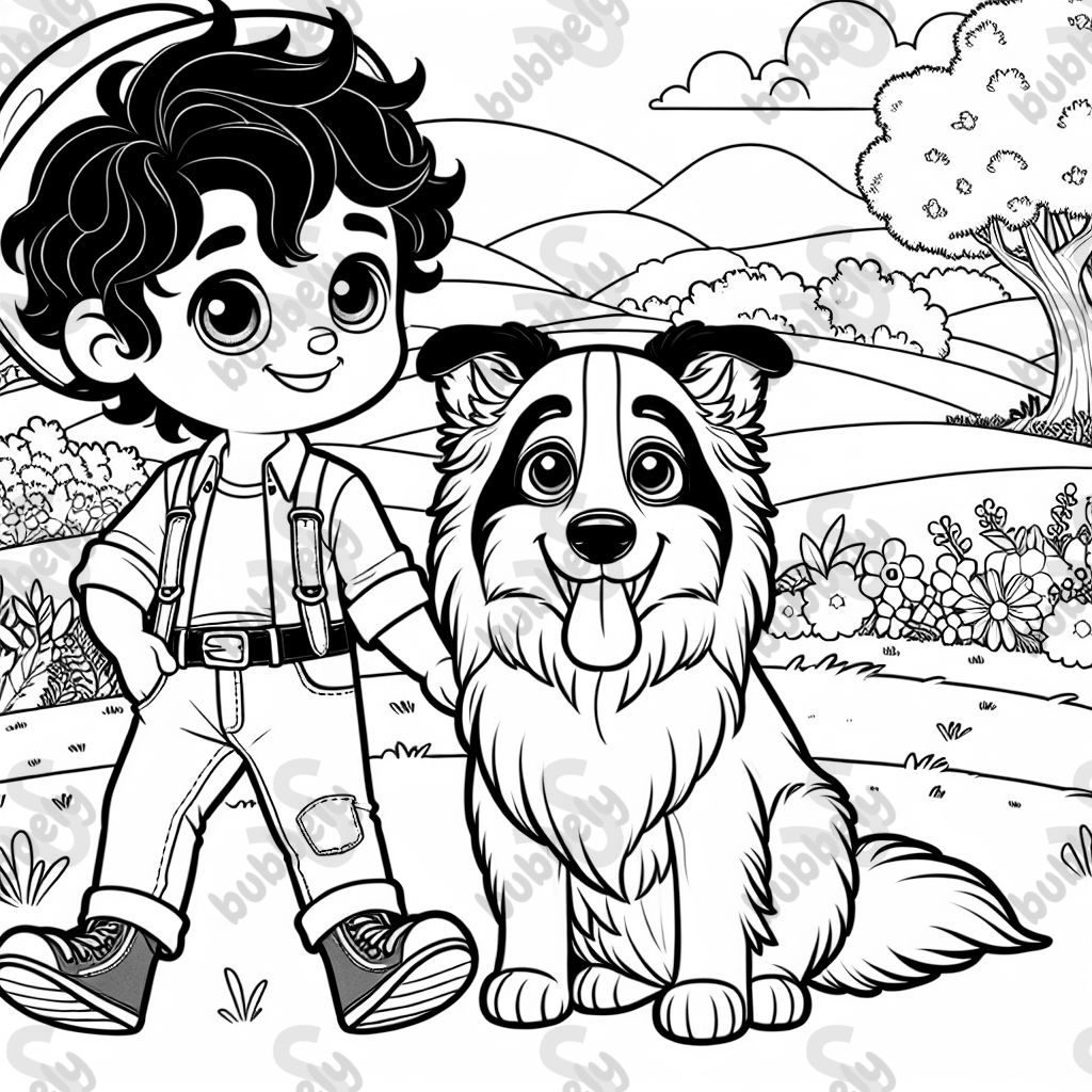 einen kleinen Jungen mit dunklen Locken und seine Hündin Alaska. Alaska ist ein Tricolor-Border Collie