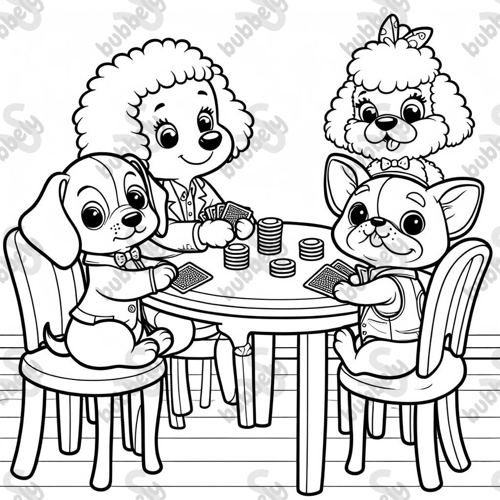 A dachshund, a bichon frise, and a Boston terrier playing poker on a kitchen table.