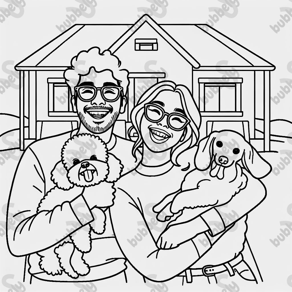 A Hispanic couple, both wearing glasses, posing for a picture in front of a house. The man is holding a bichon frise in his arms, and the woman is holding a dachshund in her arms.