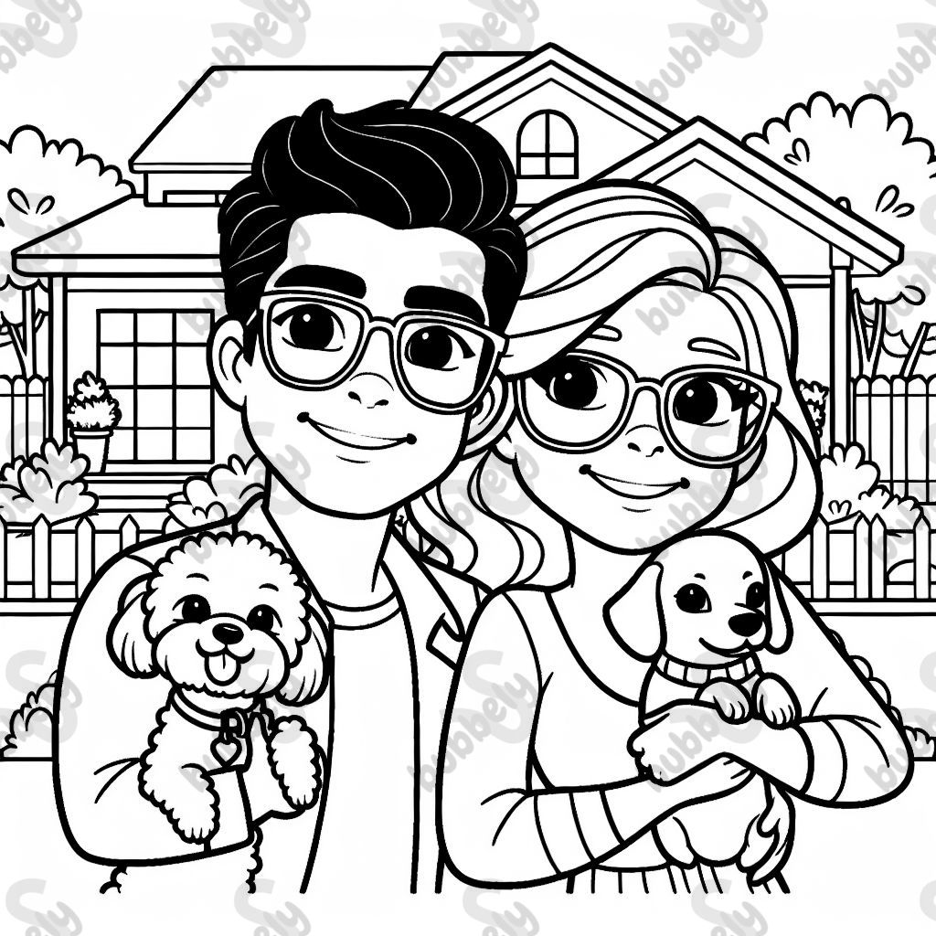 A Hispanic couple, both wearing glasses, posing for a picture in front of a house. The man is holding a bichon frise in his arms, and the woman is holding a dachshund in her arms.