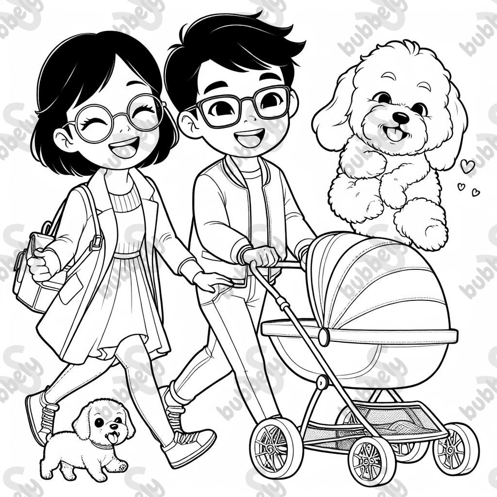 A young Hispanic couple wearing glasses pushing their bichon frise and dachshund in a stroller outside.