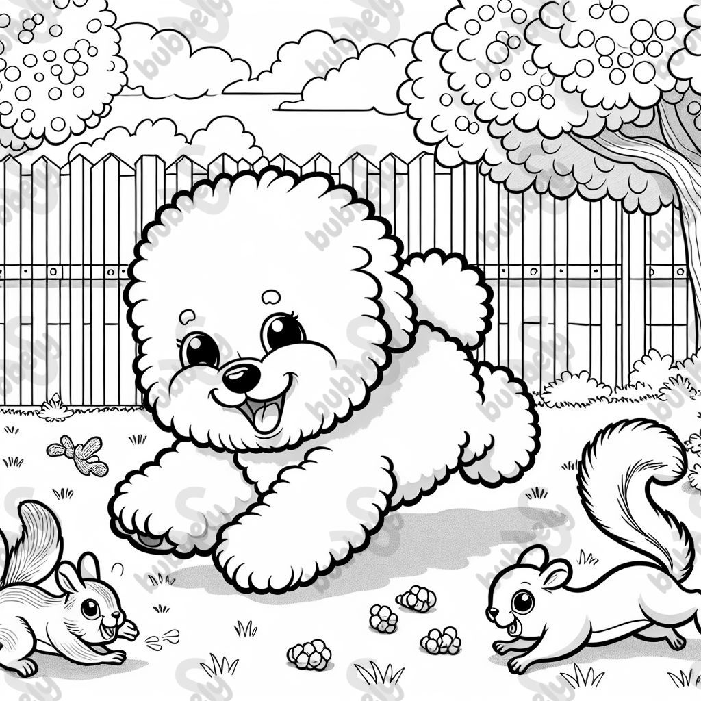 A bichon frise chasing squirrels in the backyard.