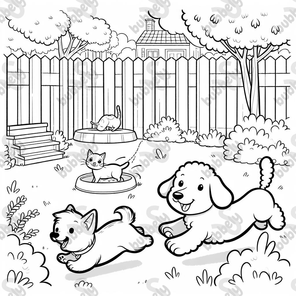 A bichon frise and a dachshund chasing a cat in a backyard.